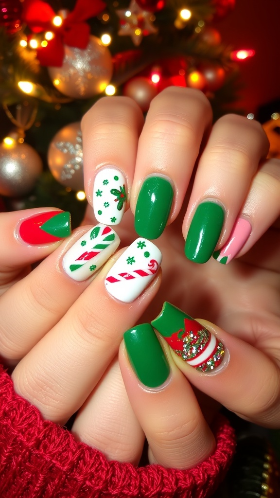 A collection of Christmas nail art designs in red, green, and white with festive patterns and glitter.